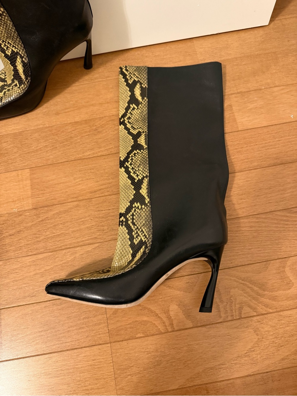 Authentic Jimmy Choo Black Leather Knee Boots with Gold Snake-Print Panel - Picture 2 of 3